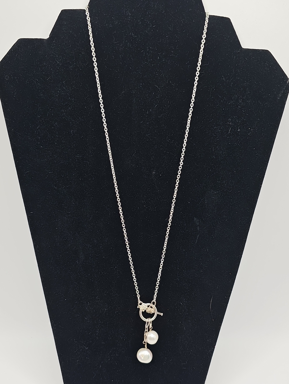 Silver Tone  Pearl Drop Toggle Necklace - White Pearls. Lovely